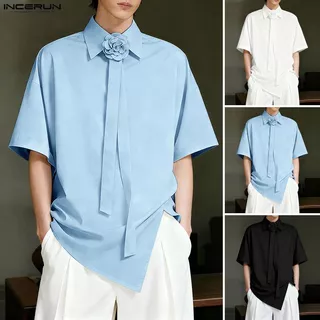 INCERUN ผู้ชายเกาหลี Elegant Casual Turn-Down-Collar 3D ดอกไม้ Tie Design แขนสั้น Slit Hem เสื้อ