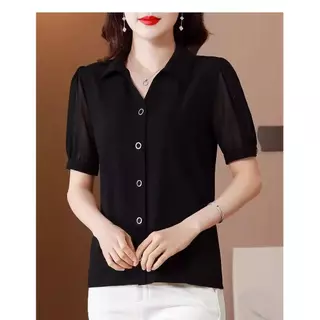 mimi&didi#เสื้อชีฟองแขนสั้นดีไซน์คอวีสำหรับผู้หญิง สไตล์ฤดูร้อน ทรงหลวม ดูเป็นผู้ใหญ่และสง่างาม สวมใส่สบาย สวยงาม#W692