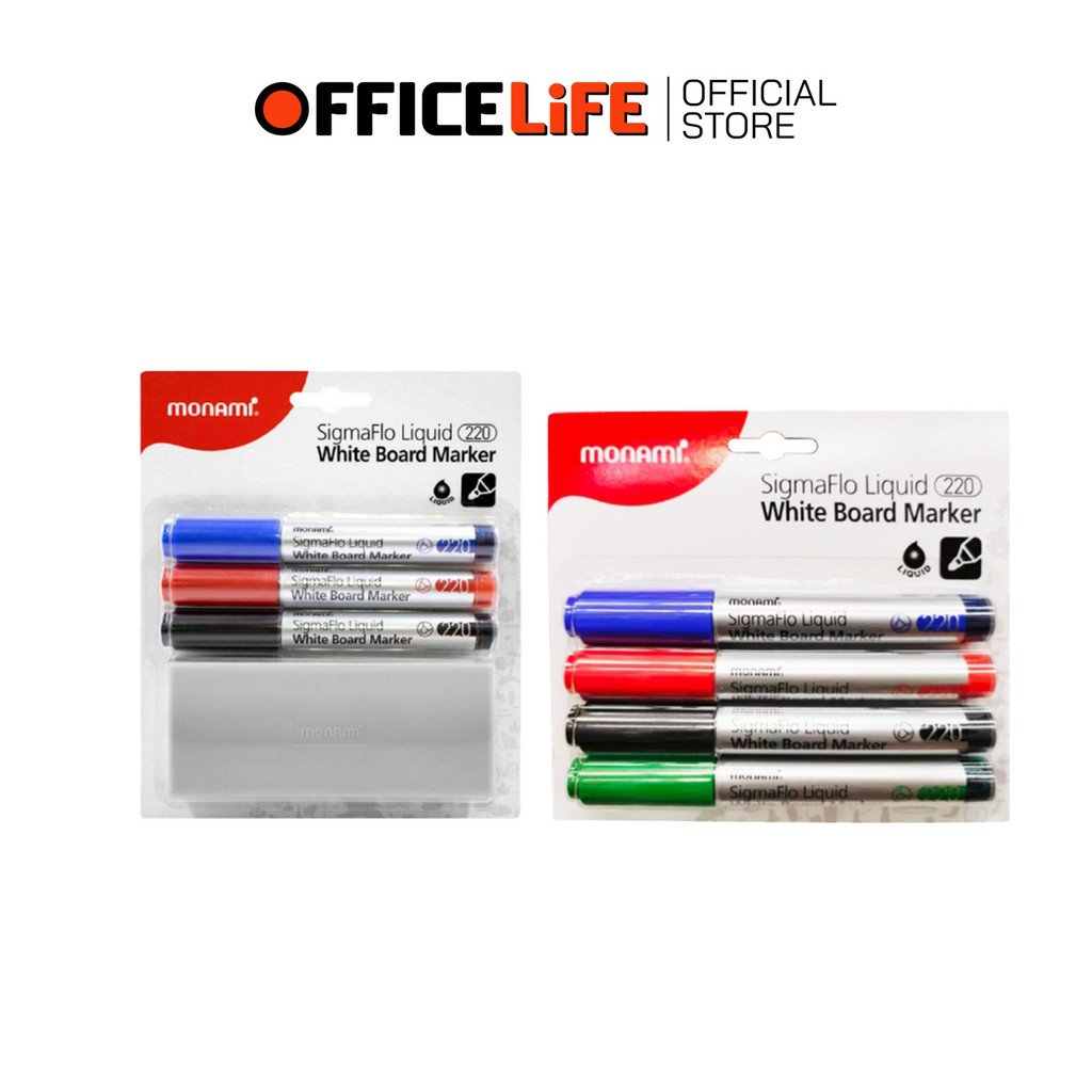 Monami (โมนามิ) ปากกาไวท์บอร์ด ไวท์บอร์ด รุ่น SigmaFlo 220 แบบชุด 3 สี + แปรงลบกระดาน / ชุด 4 สี ( 1