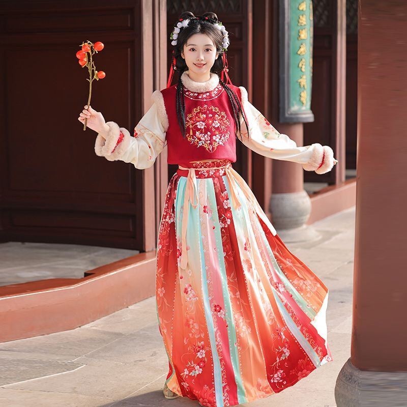 Jiang Yumo Original Xichun ปรับปรุง Hanfu ปักเกราะ Stand-Up Collar กระโปรงจีบ Plus กํามะหยี่ฤดูหนาวส