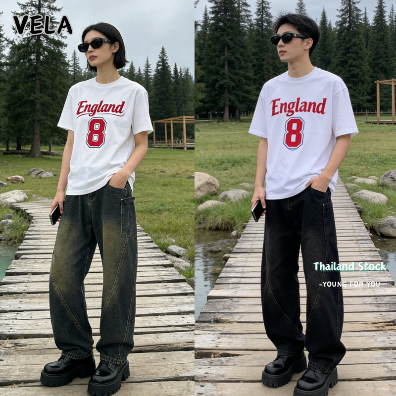 VELA-กางเกงยีนส์ผู้ชาย  มีสองฤดูใบไม้ผลิฤดูใบไม้ร่วง อเมริกันด้านข้างตรงกระเป๋าขนาดใหญ่