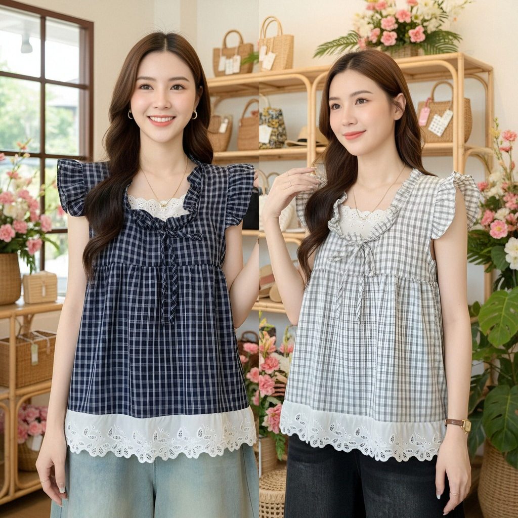 เสื้อแขนกุดลายสก็อตผู้หญิง สายหวานแมทช์กับกระโปรงสุดน่ารัก