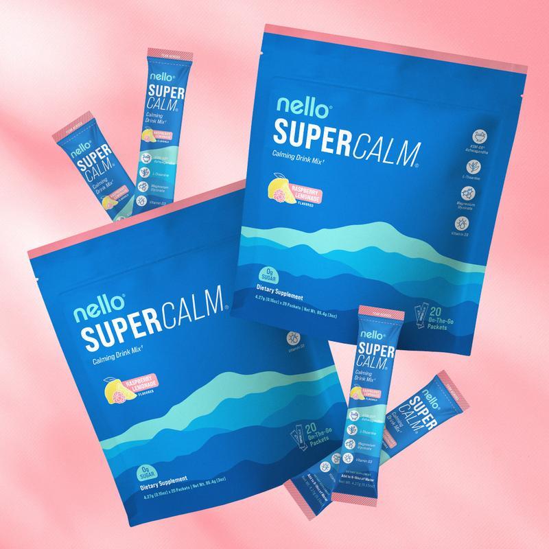 Nello SuperCalm Travel Packets Bundle 2-Pack Calming Drink Mix with K-66 Ashwagandha วิตามิน D3 & รอ