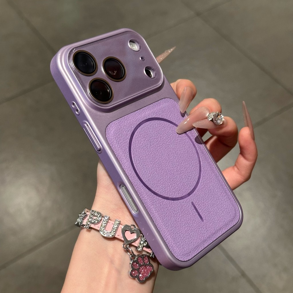 มุมมองขนาดใหญ่หน้าต่างทันทีเปลี่ยนเป็น 17 Series Full เลนส์ครอบคลุมหนังแม่เหล็กเคสโทรศัพท์สําหรับ iPhone 13 14 15 16 17 Pro Max กรณีสีม่วงกันกระแทกปกหลัง