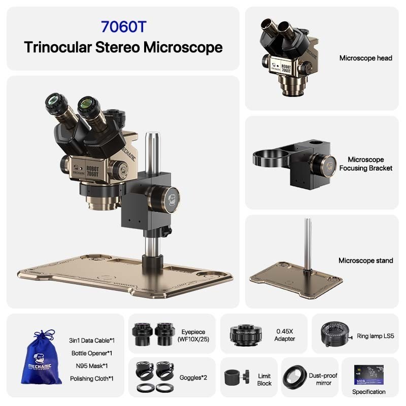 MECHANIC Robotics 7060T-TG กล้องจุลทรรศน์สามมิติสามตาพร้อมช่วงขยาย 7X-60X เหมาะสําหรับการวิจัยทางวิท