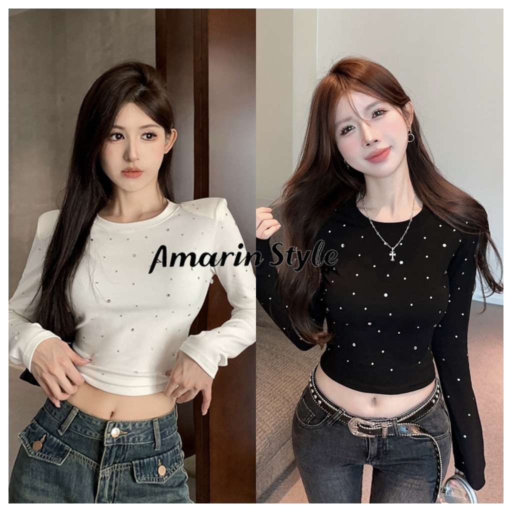 Amarin พร้อมส่ง เสื้อครอปแขนสั้นแต่งเพชร สีขาวดำ ใส่ได้ทุกวัน สบายตัว เกิร์ลลี่สไตล์ FY5003