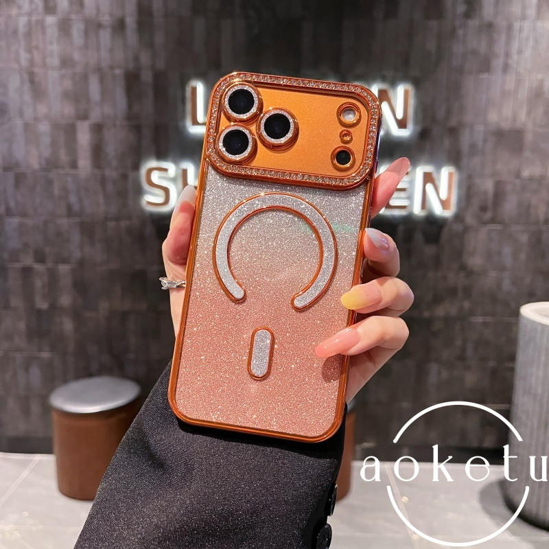สีส้มประกายเพชรเหมาะสําหรับ Apple 17Promax เคสโทรศัพท์ไล่โทนสีการดูดซึมแม่เหล็ก iPhone 17 โปร่งใส 17air รวมทุกอย่าง Anti Drop 17Pro ซิลิโคนปกอ่อน