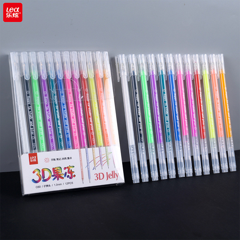 ️ 3D Jelly Pen Handbook Pen Childrens Hook Line Pen Outline Stroke Brush 12 สี Color Marker Highligh