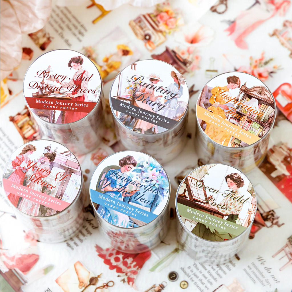 Matte PET White Ink Tape Modern Travel Note Series Retro Girl Character Handbook ตกแต่งวัสดุสติกเกอร์