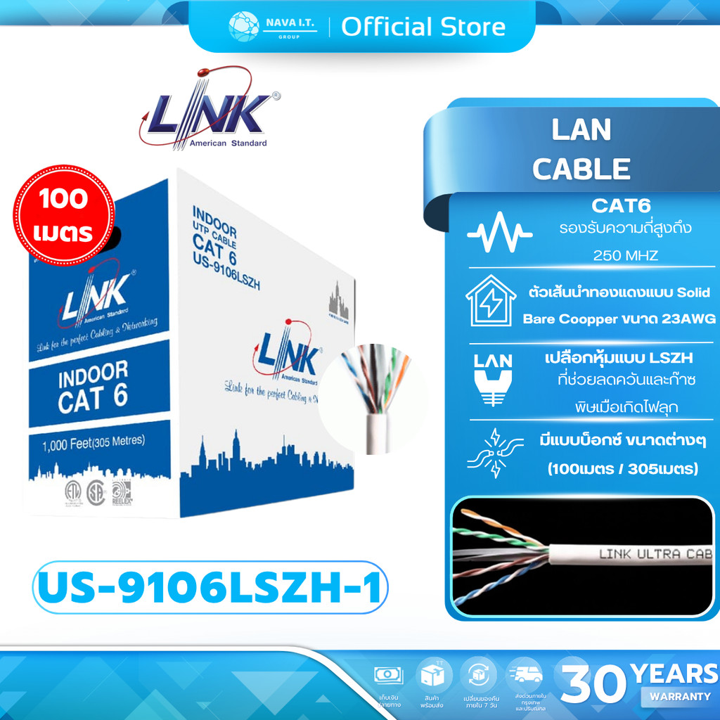 (มีส่งด่วน) LINK US-9106LSZH-1 CAT6 UTP (250MHZ) W/CROSS FILLER 23AWG LSZH (100M) รับประกัน 30ปี