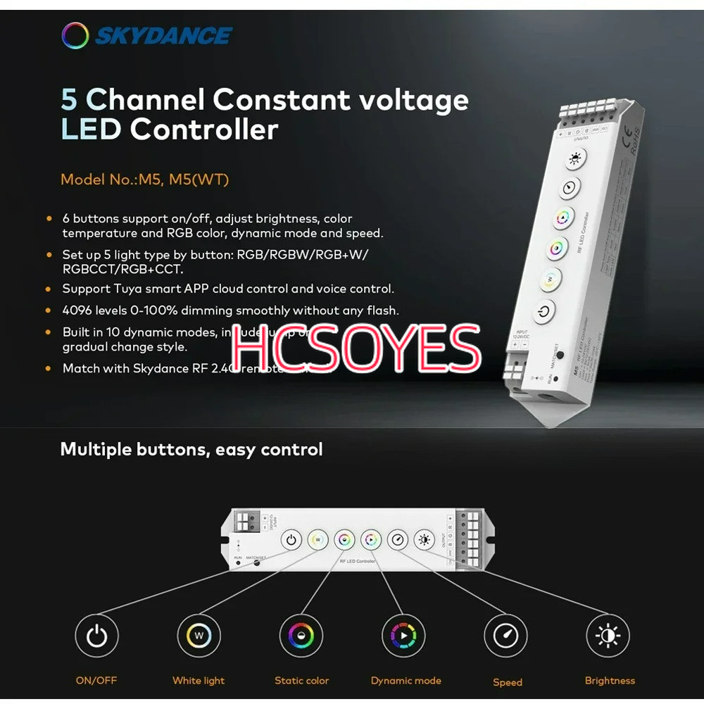 Skydance M5 (WT) WiFi RGB/RGBW/RGB + CCT LED Controller 5CH * 3A 12 V-24 V DC RF 2.4G รีโมทคอนโทรล T