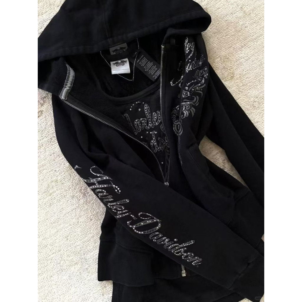 Harajuku ผู้หญิงสีดํา Rhinestone Hip Hop Eagle Wing Zip Up Hoodie Lace Up Street Y2K Casual ปัก Rhin