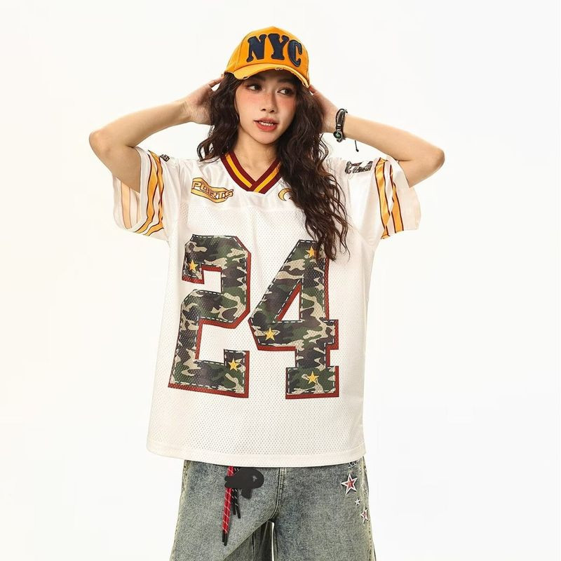 เสื้อยืดแขนสั้นคอลำโพง V สไตล์สปอร์ตแบบคลาสสิคของอเมริกันจาก Eershenshi