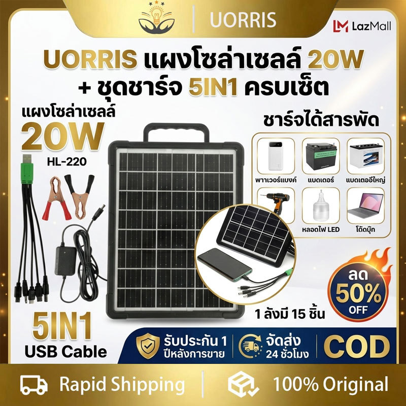 แผงเซลล์แสงอาทิตย์ 6V6W สายยาว 3m ปลั๊ก USB สายชาร์จ 5in1 พกพาสะดวก กันน้ำ ทนทาน แคมป์ปิ้ง กลางแจ้ง ประหยัดพลังงาน