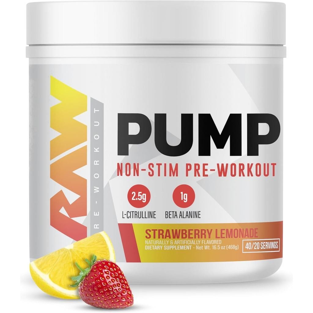 RAW Pump Stim Pre Workout (สตรอเบอร์รี่น้ํามะนาว) NonStimulant Pre Workout Powder Nitric Oxide Boost