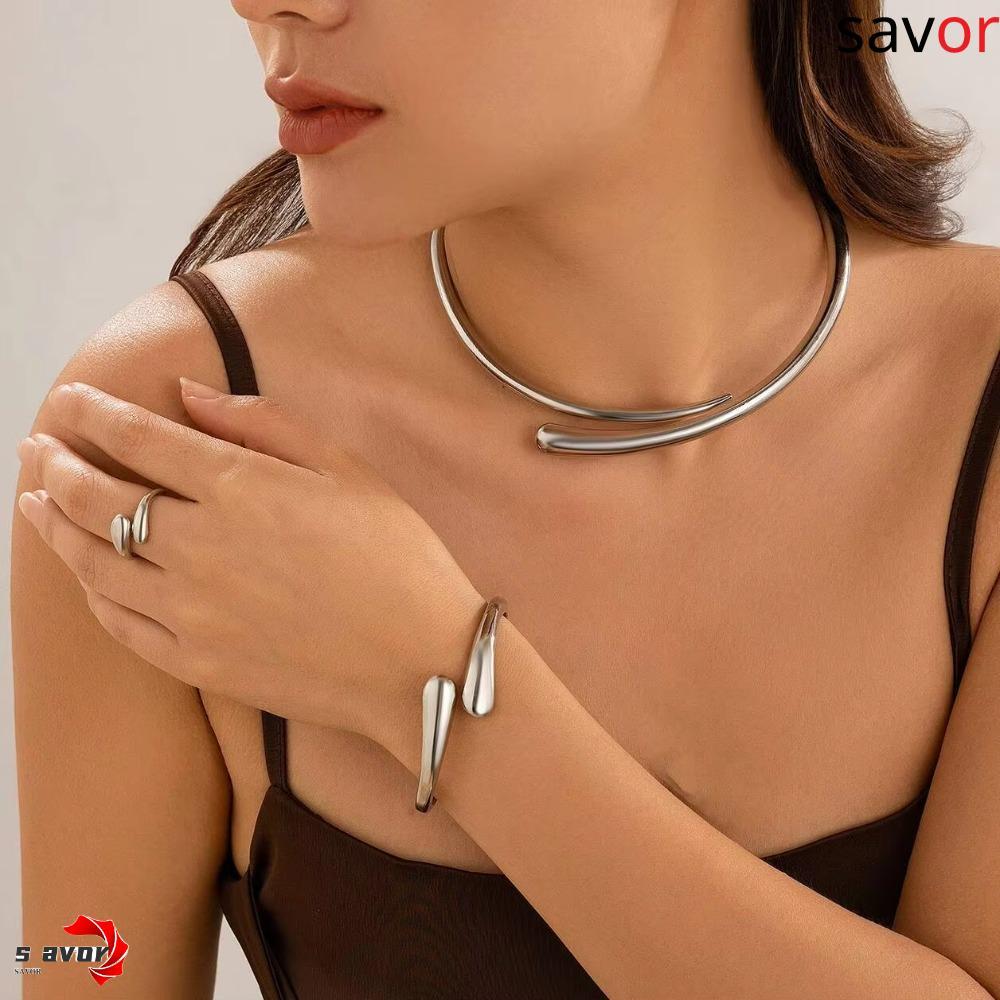 CHROM ชุดเครื่องประดับ 2/3 ชิ้น Water Drop Torque สร้อยคอ Choker, กำไลข้อมือพังค์เรขาคณิต, แหวนปรับข