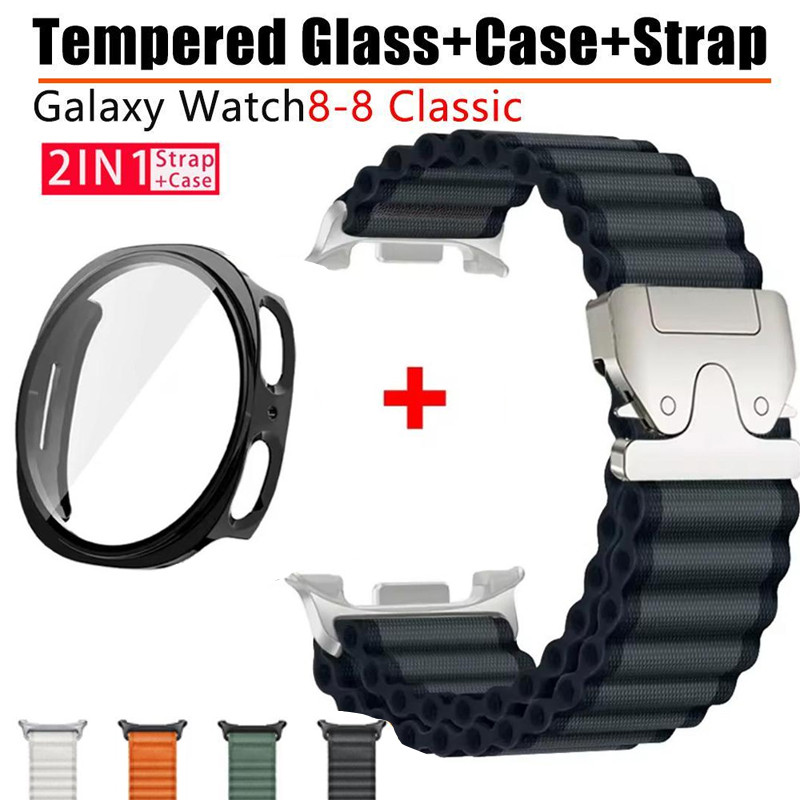 2in1 กระจกนิรภัย + สายไนลอนสําหรับ Samsung Galaxy Watch8 44 มม.40 มม.กีฬา Trail Band สําหรับ Galaxy 