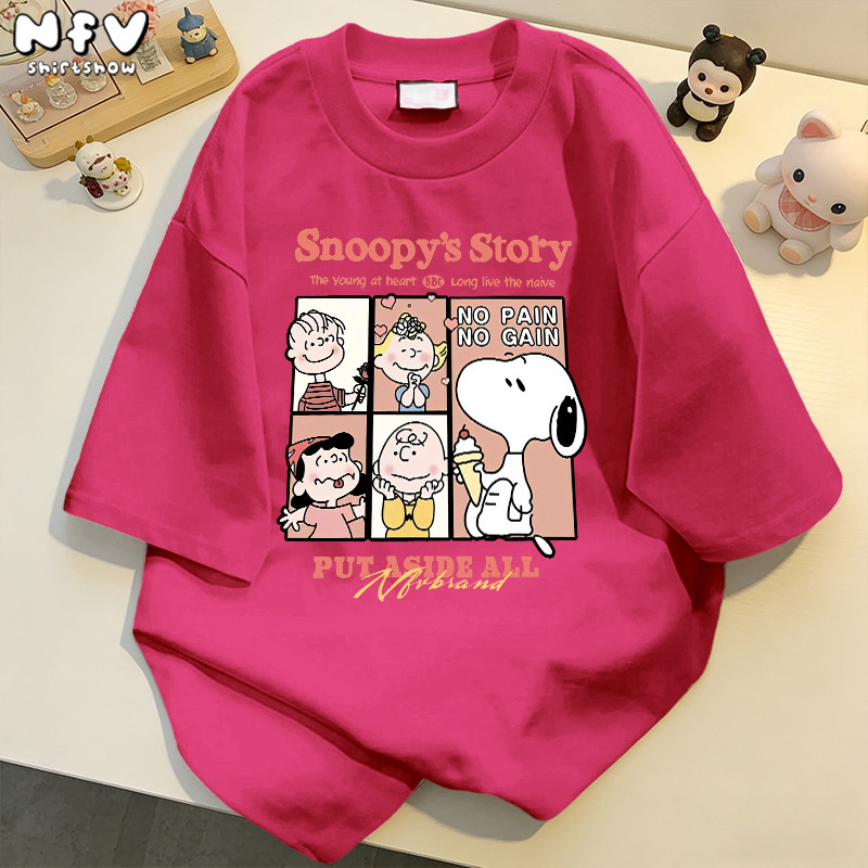 NFV เสื้อยืดแฟชั่นสไตล์เกาหลี ลายการ์ตูนสนูปี้  ผ้าฝ้าย 100% เหมาะสำหรับสาวอวบ แขนสั้น โอเวอร์ไซซ์ เนื้อนุ่ม ใส่สบาย วินเทจ ใส่แล้วดูผอม YG1440