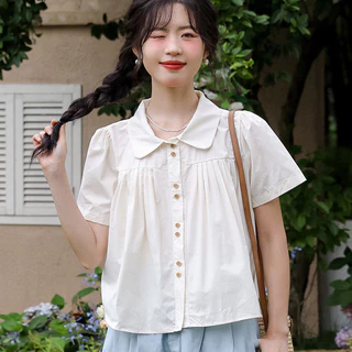 ผู้หญิง ปลอกคอตุ๊กตา เสื้อเชิ้ตแขนสั้น แฟชั่น ผ่อนปรน ท็อปส์ซูสีทึบ