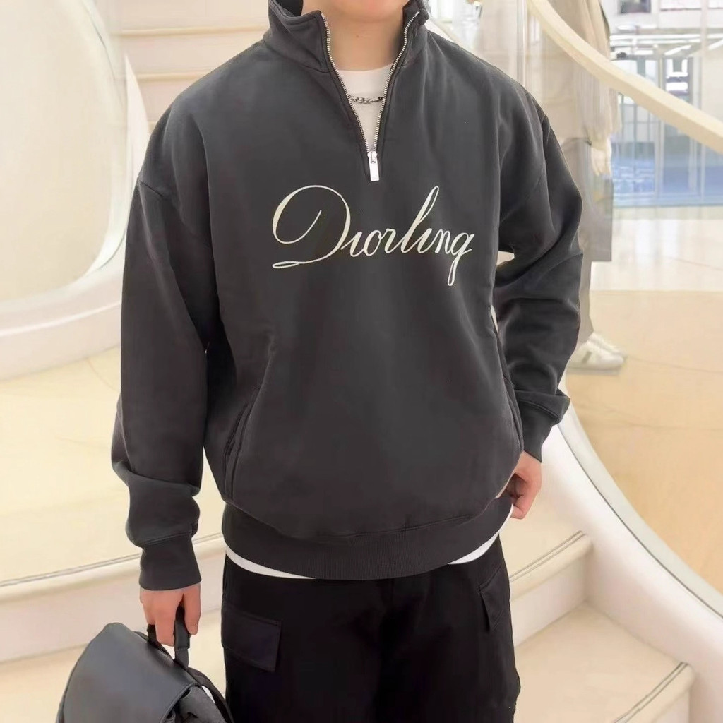 7F9I DR Autumn and winter signature logo printed zip-up crew neck fleece sweatshirt, unisex