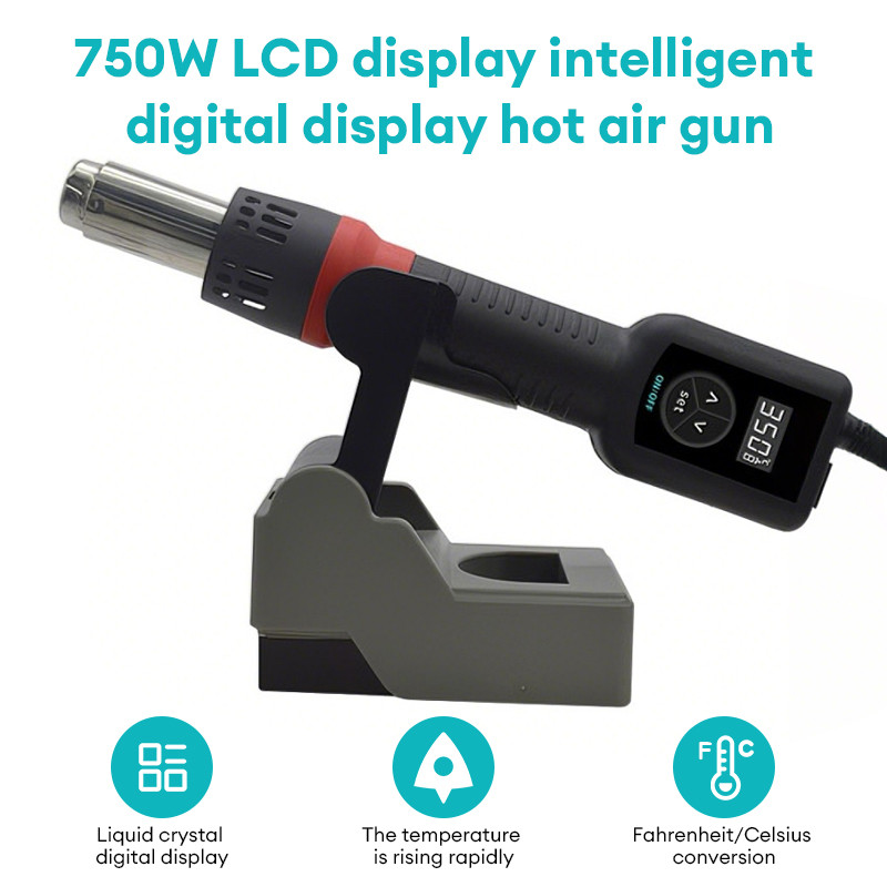 Utilooy ปืนเป่าลมร้อน 858D ดิจิตอล ปรับอุณหภูมิได้ 0-500°C ใช้สำหรับงาน DIY-ซ่อมมือถือ-รีเวิร์ค SMD พร้อมหัวเป่า 3 ขนา