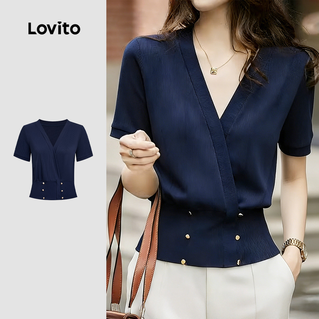 Lovito เสื้อยืดลําลองคอกลมติดกระดุมสองเม็ดสําหรับฤดูใบไม้ผลิและฤดูร้อน สีกรมท่าสําหรับผู้หญิง L184ED872