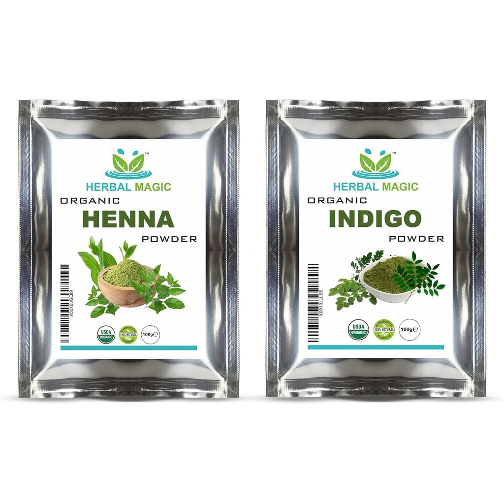 Herbal Magic Organic Henna Powder (100g) + Indigo Powder(100g) สําหรับย้อมผม, USDA,สีผมฟรีเคมี, มาส์