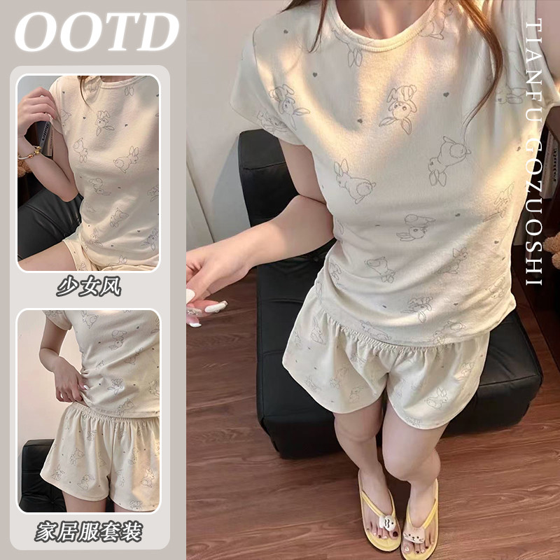 ผ้าฝ้ายเลียนแบบกระต่ายพิมพ์ Cami ชุดนอนสตรีฤดูร้อน 2026 ชุด Loungewear น่ารัก