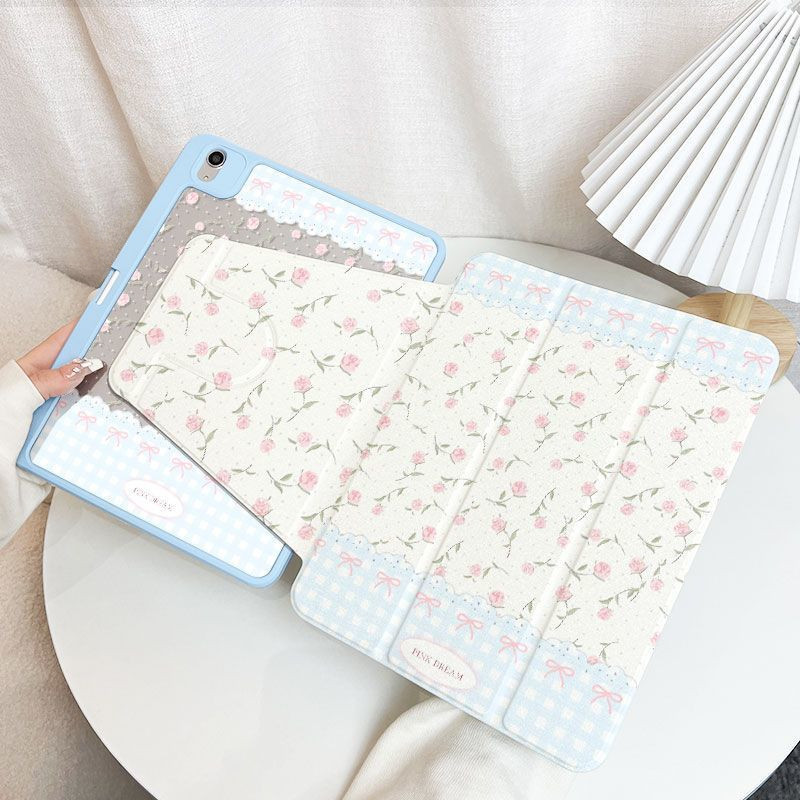 เคส iPad Ipad A16 Gen11 Air 7 M3 2025 Pro 11 2024 Air 6 5 4 10.9 Gen10 Gen9 Gen8 Gen7 10.2 กรณีสีฟ้า Checkered Bowknot ดินสอดอกไม้ 720 ° การหมุน
