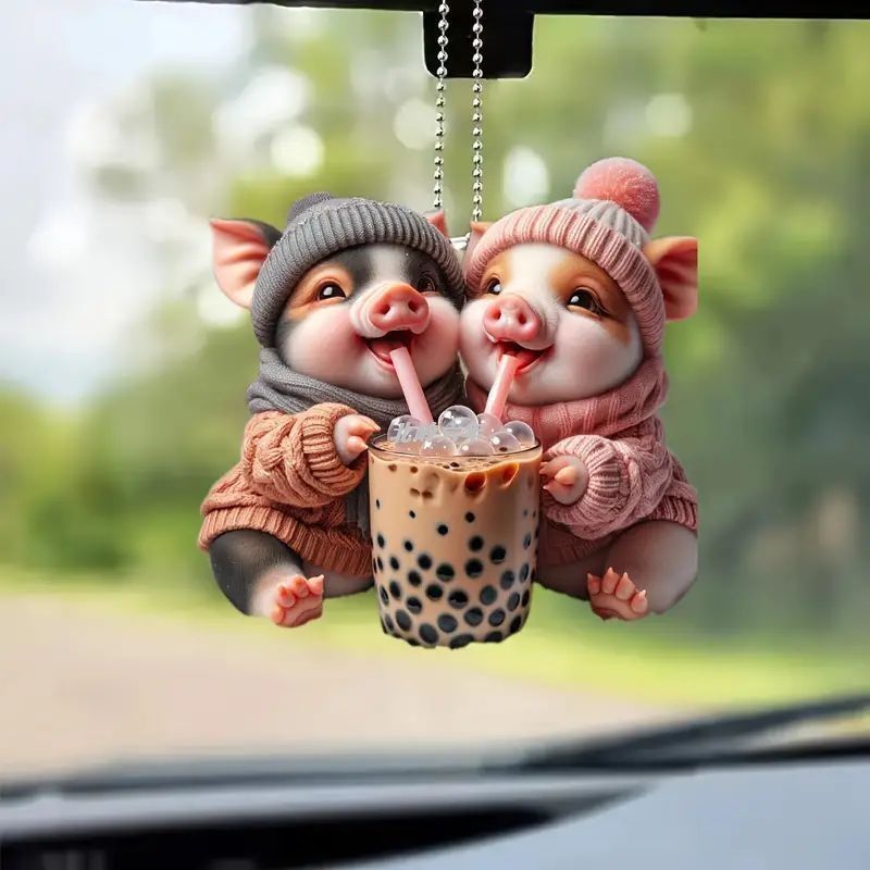 Keychain shop5ya Best-selling piglet pendant for two to drink bubble tea, backpack, couple's car, po