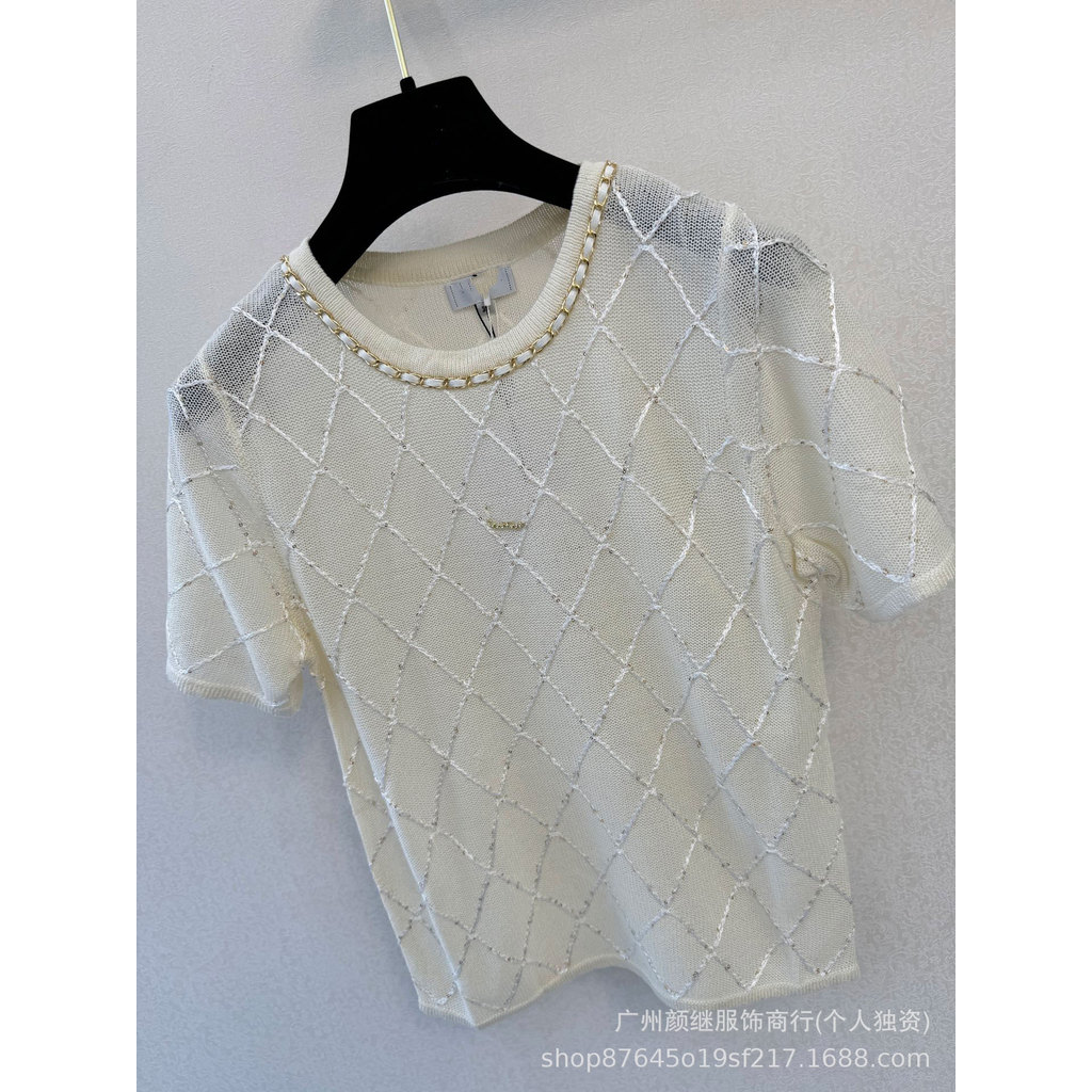 0OPF Ch--el 26 ฤดูใบไม้ผลิฤดูร้อน Gold Hemming รอบคอ Hollow Diamond ตรวจสอบถักแขนสั้นผู้หญิงอินเทรนด
