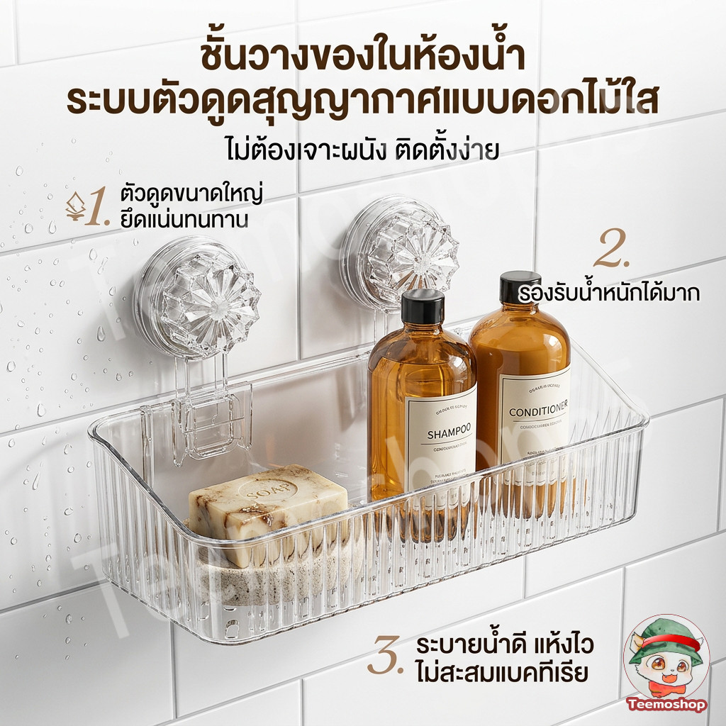 ชั้นวางของระบายน้ำ ติดผนัง แบบดูดสูญญากาศ ไม่ต้องเจาะ ไม่อับชื้น เหมาะกับห้องน้ำและครัว