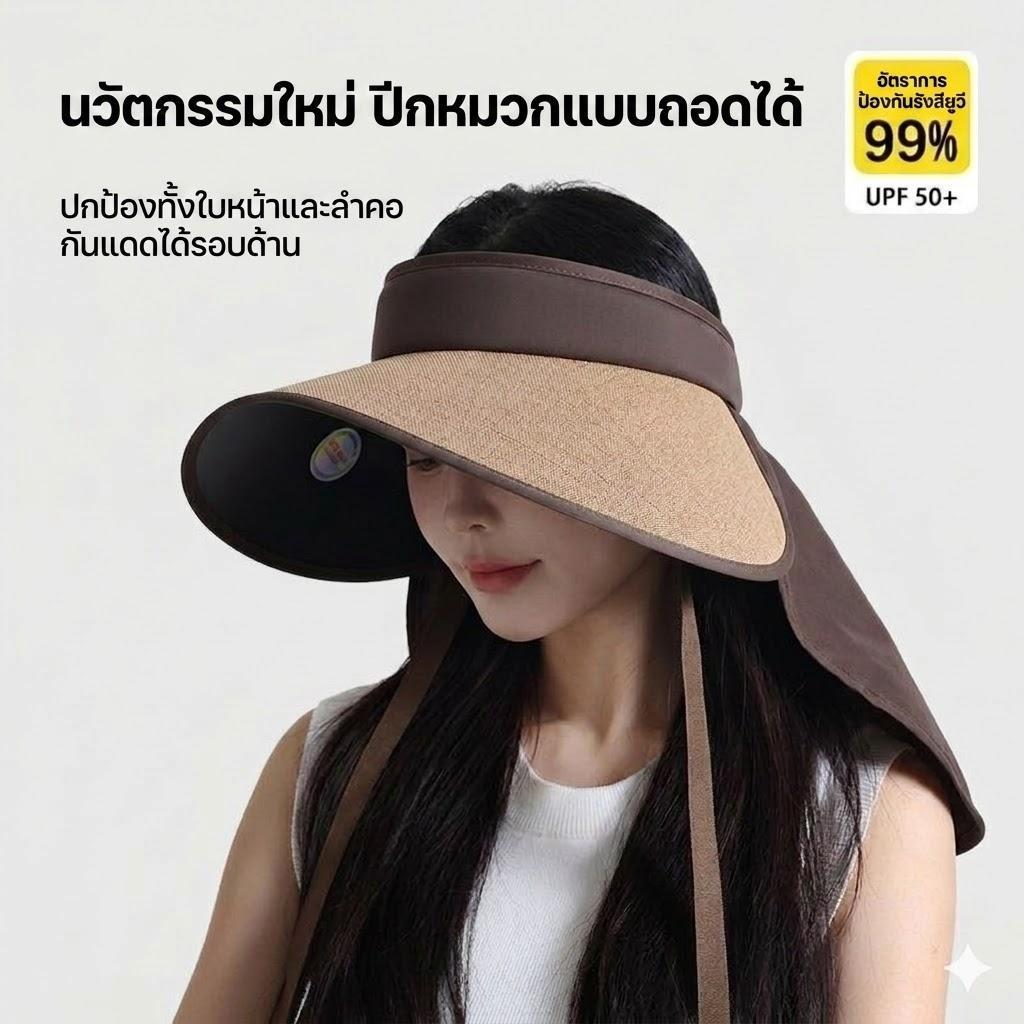 หมวกกันแดดไร้ปีกระบายอากาศได้ดี มีแผ่นปิดคอแบบถอดได้ ป้องกันรังสียูวี UPF50+ ปีกกว้างปรับได้ เหมาะสำหรับโอกาสต่างๆ