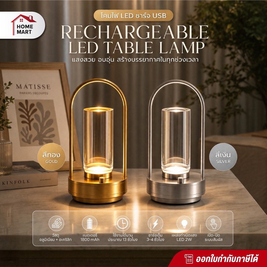 Homemart LANTERN MODEL โคมไฟ LED ตะเกียง ชาร์จ USB | ปรับแสง 3 โหมด | Touch | ไฟวอร์ม/ขาว/นวล | โคมไฟไร้สาย สไตล์คาเฟ่