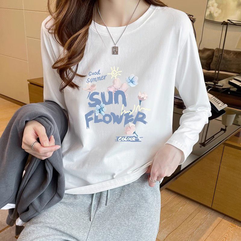 COD&เสื้อยืดแขนยาว คอกลม พิมพ์ลายตัวอักษร ทรงหลวม แฟชั่นบอททอม สไตล์เกาหลี สําหรับผู้หญิง