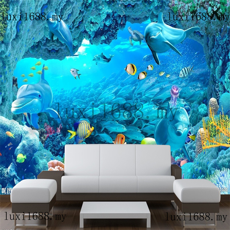 Custom 3Dใต้น้ําOcean Wallภาพจิตรกรรมฝาผนังกาวตนเอง Dolphin Coral Reef Tropical Fish Cave Extensionวอลล์เปเปอร์สําหรับห้องเด็กห้องนั่งเล่นAquarium Cafeตกแต่งบ้าน