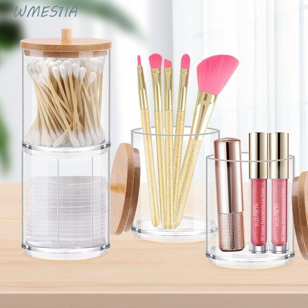 WMES1IA Qtips ผู้ถือเครื่องสําอางแต่งหน้าพร้อมฝาปิดไม้ไผ่อะคริลิคคอนเทนเนอร์สําหรับอุปกรณ์ห้องน้ําขว