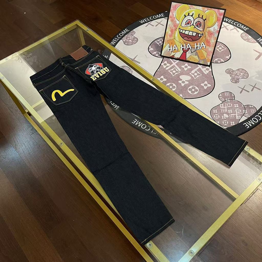 EVISU 2025Spring New Trendy American Retro Embroidered Dark Jeans Men's Fashion Long Pants