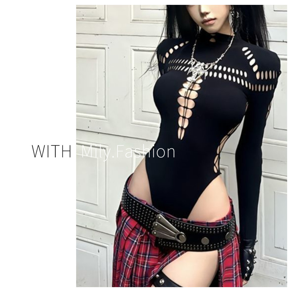 Milyfashion Hollow Hollow Ripped Design Long-Sleeved Jumpsuit สไตล์ภาพสวมใส่เสื้อยืด Niche สวมใส่ด้านนอกเสื้อผ้าผู้หญิง