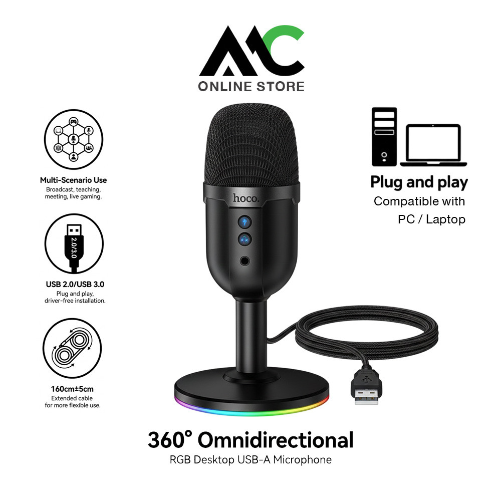 HOCO L25 ไมโครโฟนตั้งโต๊ะ USB RGB รับเสียง 360 องศา รองรับหูฟัง ปุ่ม Mute สำหรับสตรีม ประชุม เล่นเกม