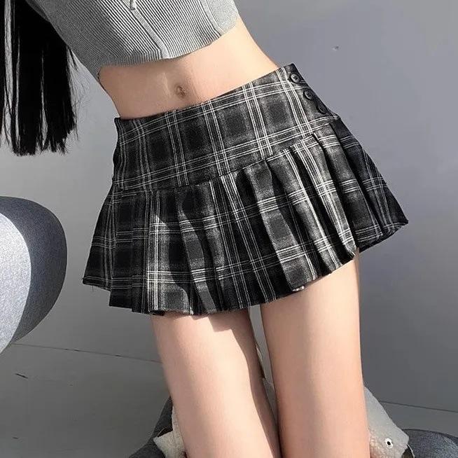 S-XL กระโปรงยาวปานกลางลายสก็อตสไตล์เรโทรอเมริกันสำหรับผู้หญิง ทรงเอไลน์เอวสูง เข้ารูปเพรียวบาง มีจีบ