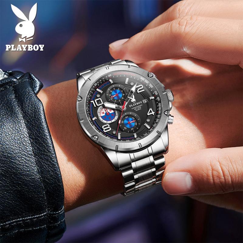 【2025 รุ่นใหม่】PLAYBOY นาฬิกาผู้ชาย ของแท้ ดีไซน์สไตล์กลไก เหมาะสำหรับลุคธุรกิจ สายสแตนเลส กันน้ำ จั