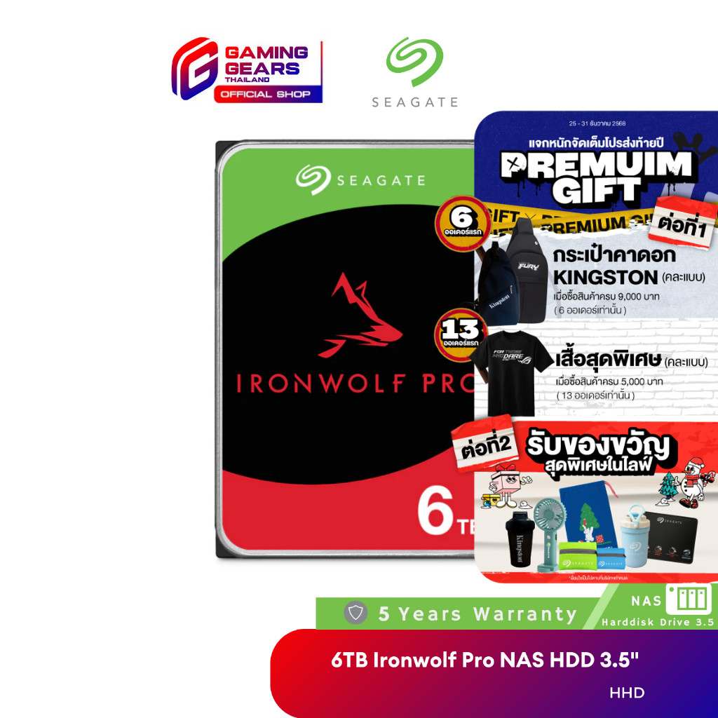 Seagate 6TB Ironwolf Pro NAS HDD 3.5" 7200RPM , 256MB, SATA-3 ฮาร์ดดิกส์ (ST6000NT001_5Y)