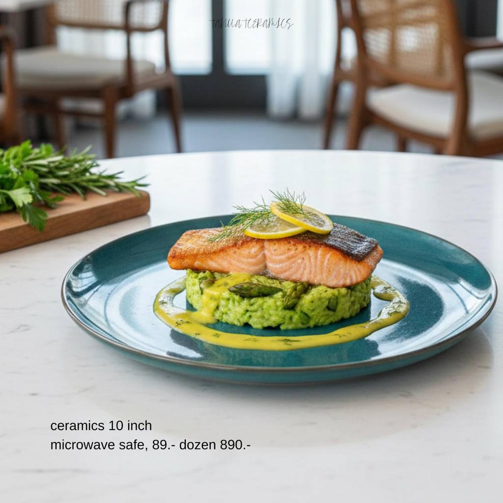 [Thai Ceramic] จานแบนทรงกลม ลายเขียวเทอร์ควอยซ์ (Turquoise Green Glossy) ขนาด 10 นิ้ว - เข้าเครื่องล้างจาน และรับประกันค