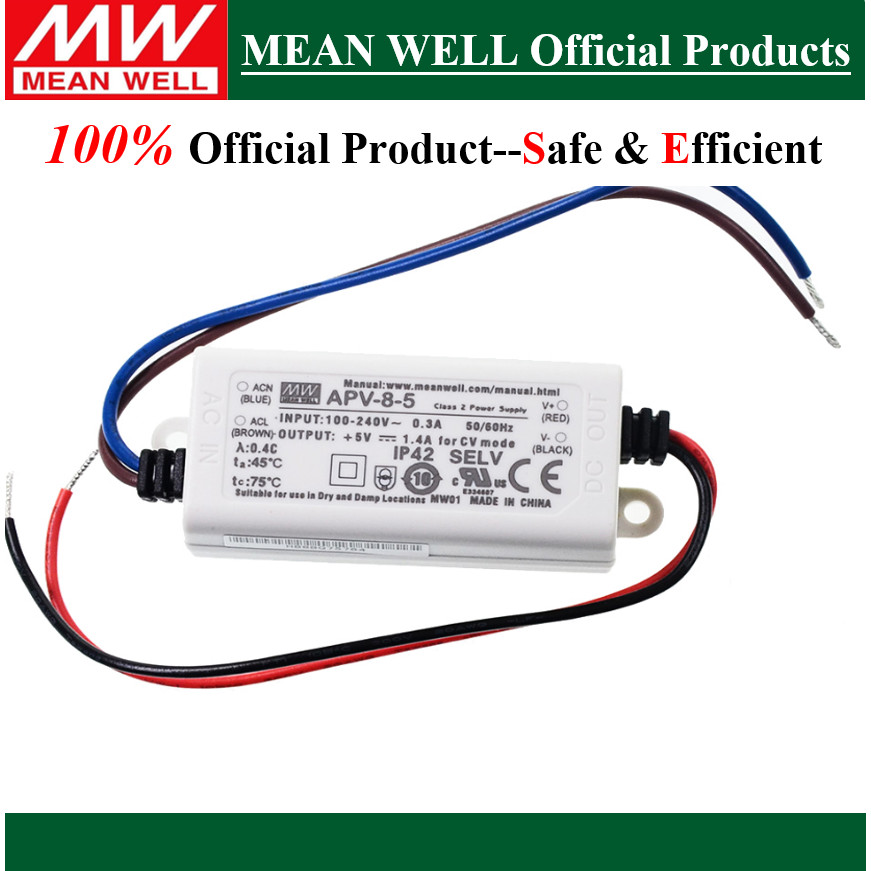 แหล่งจ่ายไฟสลับเอาต์พุตเดี่ยว Mean Well 8W ดั้งเดิม APV-8-5 | 5V APV-8-12 | 12V APV-8-24 | 24โวลต์