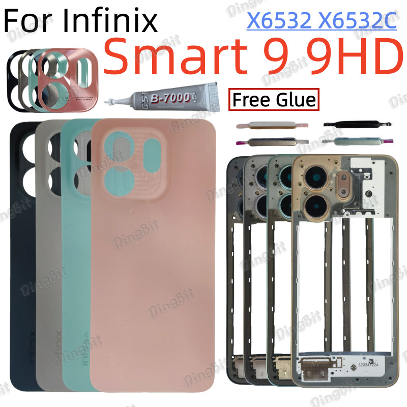 สําหรับ Infinix Smart 9 9HD X6532 X6532C แบตเตอรี่ฝาหลังประตูกรอบกลางเลนส์ Volume Up Down ปุ่มฝาครอบด้านหลังฝาครอบเปลี่ยนชิ้นส่วน