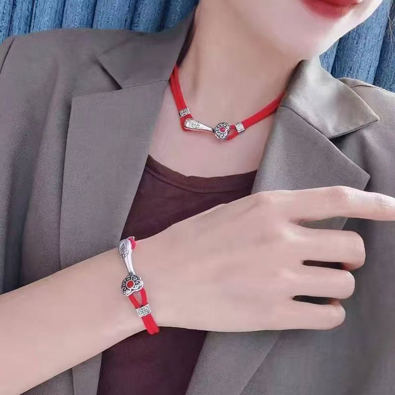Hot Sale#Ethnic Style Ruyi Auspicious Red Rope Foot Rope Couple Weaving925Silver Men and Women Yearl