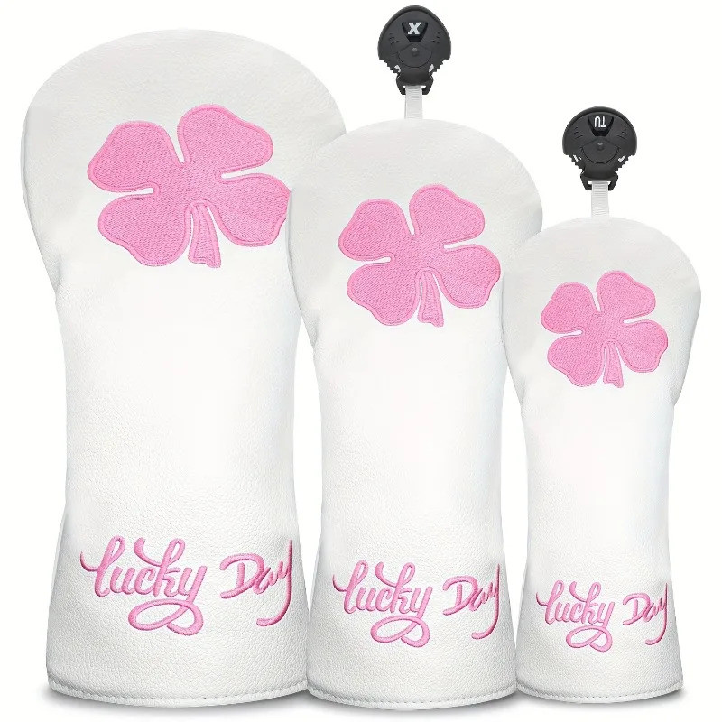 Golf Wood Head Cover with Lucky Clover Pattern - for 1-Wood, 3-Wood, White Club Protector, Scratch &