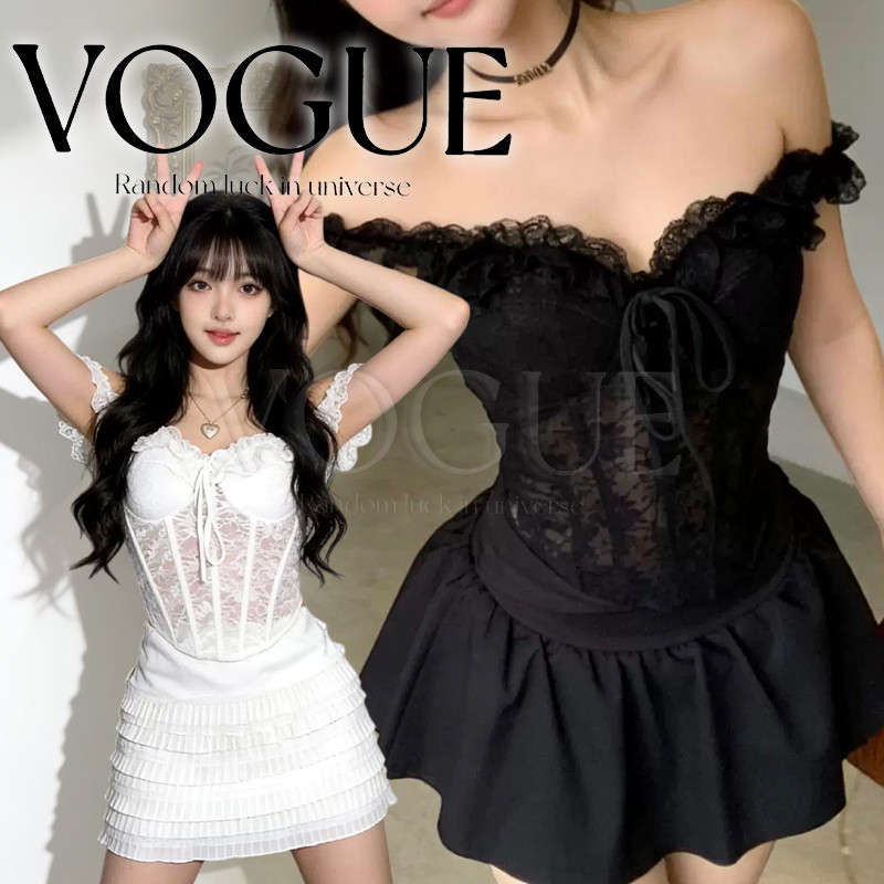 Vogue🌟พร้อมส่ง🌟 เสื้อเปิดไหล่แขนเจ้าหญิง เสริมฟองน้ำ ดีเทลลายลูกไม้สีพื้น (FY5186#1)