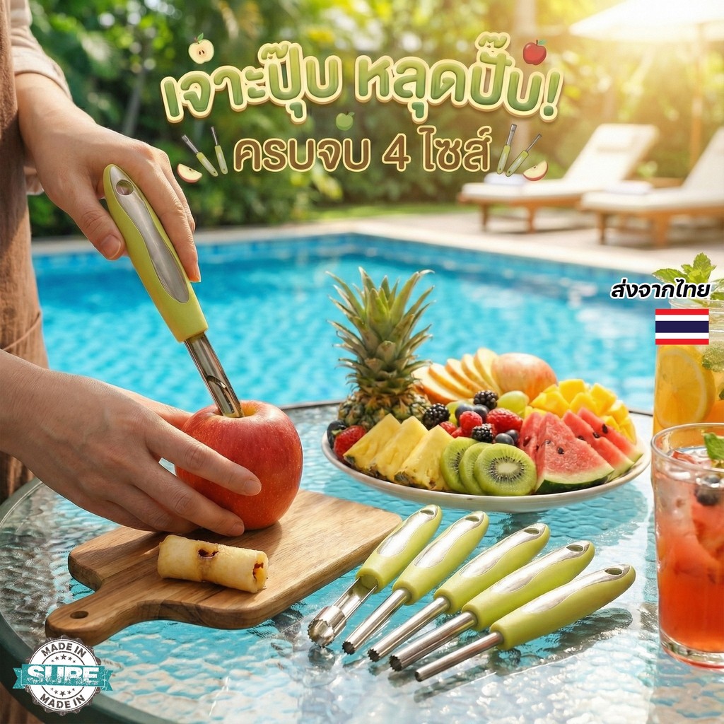 ชุดเจาะเมล็ดผลไม้ 4 ชิ้น สแตนเลสแข็งแรง เอาแกนผลไม้ออกเร็ว ใช้ง่าย ประหยัดแรง